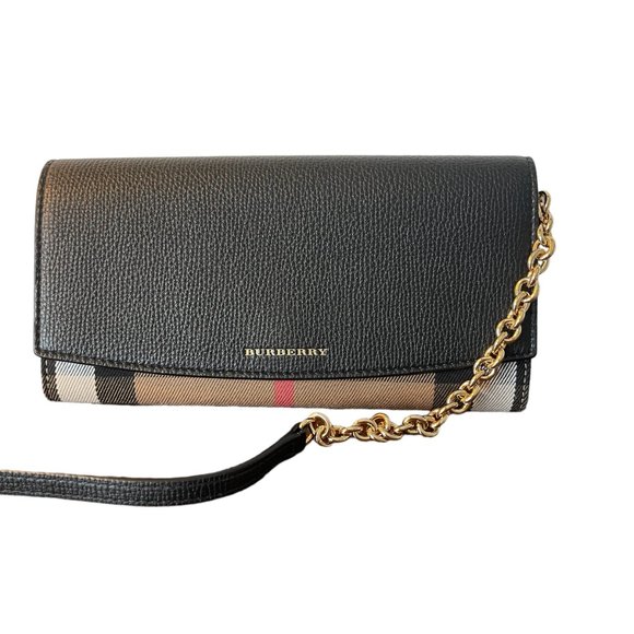 Burberry Henley Check Chain Crossbody Wallet Bag Leather & Fabric Black - Picture 12 of 13